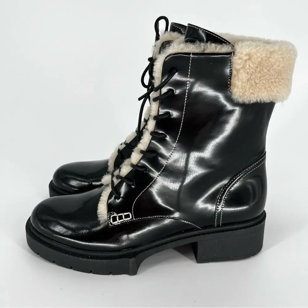 Coach Leighton Combat Boots Black Shearling Trim Lace-Up - Size 8.5